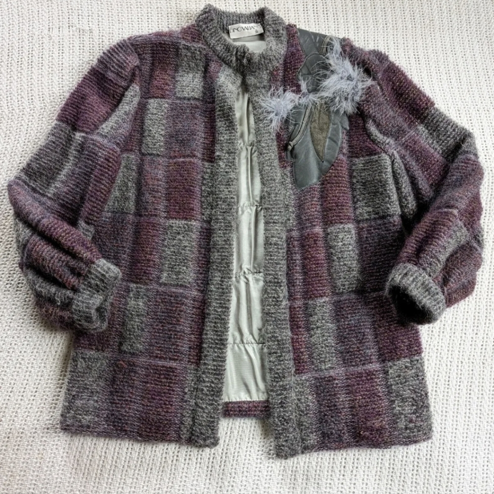 VTG 80s Dino Valiano 3D Mohair Leather Feather Cardigan Sweater Women's Medium